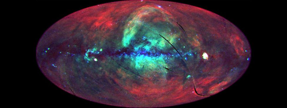 A false color image of the entire sky seen in x-rays, with different colors representing different x-ray energies. The image shows the disk of the Milky Way galaxy in blue running horizontally through the center of the image, with a few point sources scattered along its length. A diffuse, cloudy shape of blue and yellow emanates from the center of the galaxy and extends above and below the disk. This represents distant x-ray sources near the center of the Milky Way. And finally, a red diffuse glow covers most of the image and depicts the hot gas in our local vicinity of the galaxy.