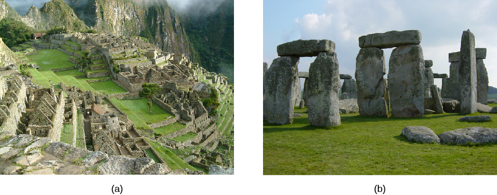 Two photographs of pre-telescopic observatories. At left (a) is a photo of the ruins of Machu Picchu in Peru. On the right (b) is a photo of the stone monoliths, with lintels, at Stonehenge in England.
