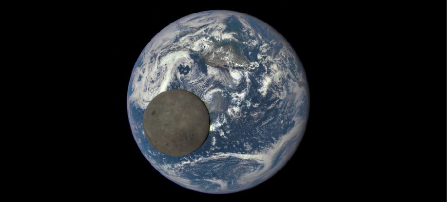 Image of the Moon Crossing the Face of the Earth. The dark disk of the Moon lies in front of the bright, cloud covered Earth illustrating the difference in relative brightness between the two bodies.