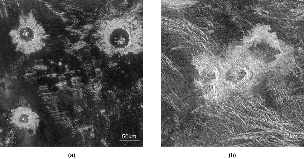 Radar image of impact craters on Venus. In panel (a), on the left, three impact craters are seen surrounded by ejecta fields. The scale at the lower right reads “50 k m,” which is about the size of the largest crater in the top right of the photograph. In panel (b), on the right, the triple crater and its irregular debris field lie at the center of the image. The scale at lower right reads “10 k m.”