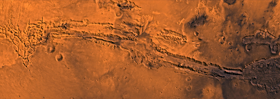 Valles Marineris. The entire length of this monumental valley spans the entire image from left to right.