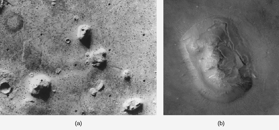 The face on Mars. The image in panel (a), on the left, shows the wide field Viking orbiter image. The “face” is at the top center of the image with sunlight coming in from the top of the image. The strong shadows on this feature suggest a human-like face. In panel (b), on the right, the feature is seen at better resolution and under different lighting conditions. The resemblance to a face is no longer evident.