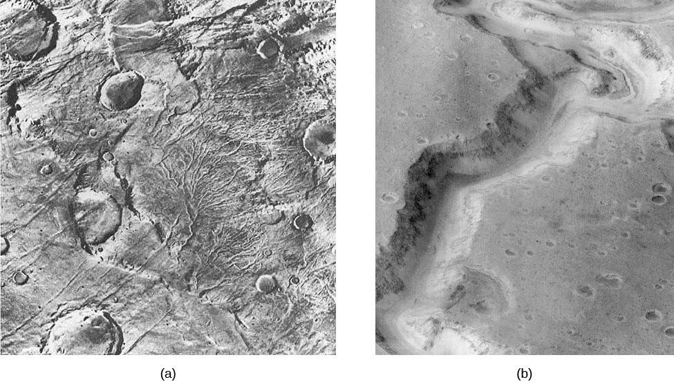 Evidence of flowing water on Mars. Panel (a), on the left, shows what resembles an alluvial fan, a feature fairly common at the mouths of rivers on Earth. The main channel begins at the lower left of the image and then branches out into many smaller channels covering most of the left hand side of the image. Panel (b), on the right, shows what appears to be an ancient riverbed snaking its way through the cratered terrain from the lower left to the upper right of the image.
