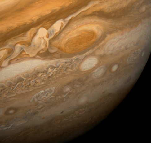 Jupiter’s Dynamic Clouds. The oranges, reddish browns, taupes and beiges of Jupiter’s dynamic atmosphere are seen swirling around the Great Red Spot in this close-up image of Jupiter.