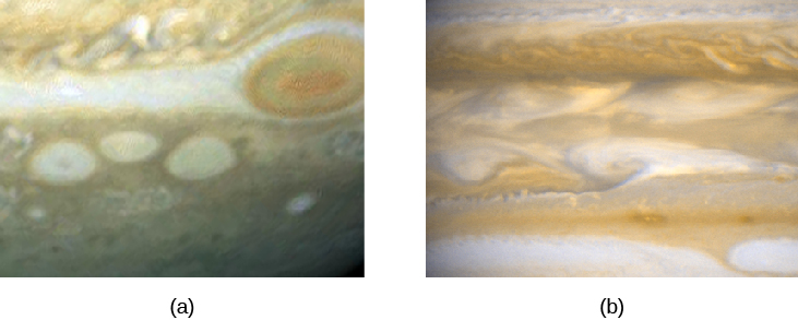 Images of Jupiter’s Turbulent Atmosphere. Panel (a) shows a region near the Great Red Spot, at upper right. Below and to the left of the Spot are three white vortices, smaller but similar in shape to the GRS. Panel (b) shows a turbulent region near the equatorial cloud bands, which looks like cream being stirred into a cup of coffee.