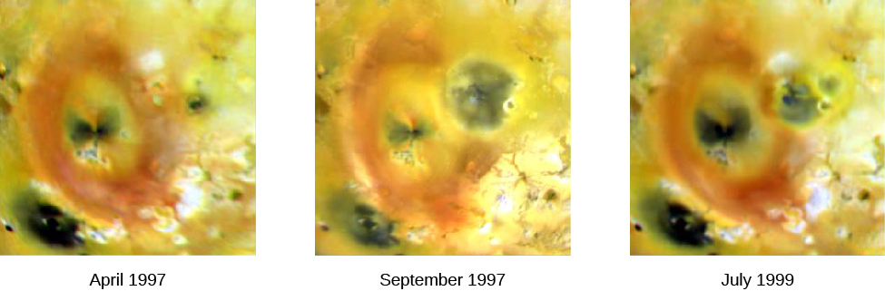 A series of three images that show color change due to volcanic eruption on Io. The left most image is dated “April 1997”, the center image “September 1997”, and the third image “July 1999”.