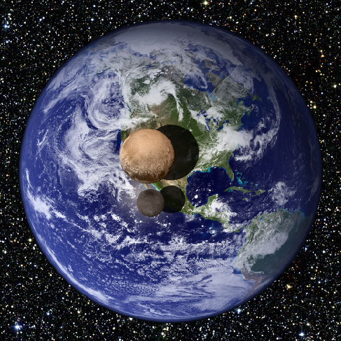 An image showing the comparison of the sizes of Pluto, Charon, and Earth. Earth is roughly six times larger than Pluto, and Pluto is roughly three times larger than its moon, Charon.