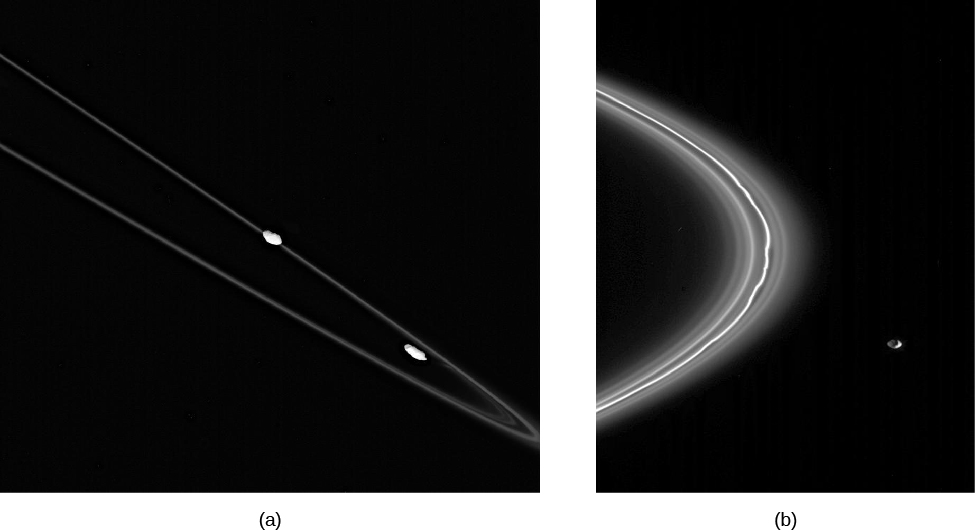 Image A is of a portion of the narrow rings of Saturn, showing the moons Pandora and Prometeus in the center and lower right. Image B is a closer view of the moon Pandora, next to the F ring.