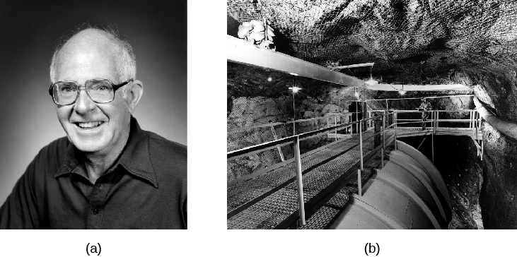 Left: photograph of Raymond Davis. Right: photograph of Davis’ neutrino detection experiment in a gold mine in South Dakota. A portion of the tank is seen with an access walkway on top of the tank.