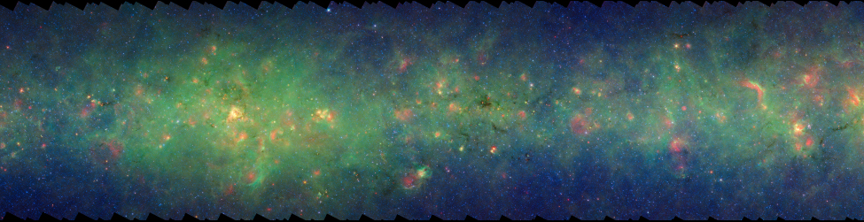 Infrared Emission from the Plane of the Milky Way. In this image the diffuse glow of interstellar dust at 3.6 and 8.0 microns fills the frame. Bright, circular patches of red nebulosity at 24 microns along with irregular patches and tendrils of dark dust are scattered across the entire field.
