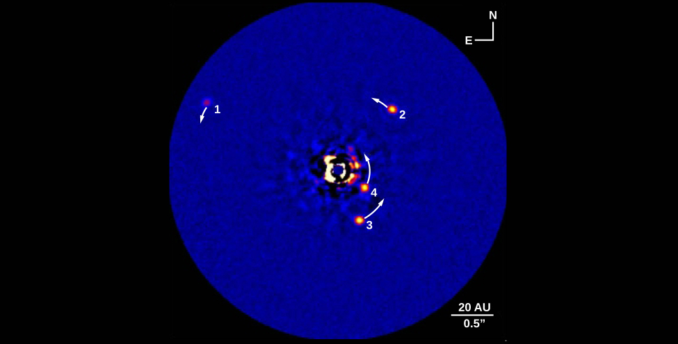 Image of Exoplanets Around HR 8799. In this image North is up and East is to the left. At center is the position of the star, which has been removed from the image to reveal the planets. Scattered around the center are the 4 directly imaged planets, with 3 on the right and one on the left. Each has a semi-circular arrow attached indicating its direction of motion around the star. At lower right a scale of 20 AU / 0.5” is shown.