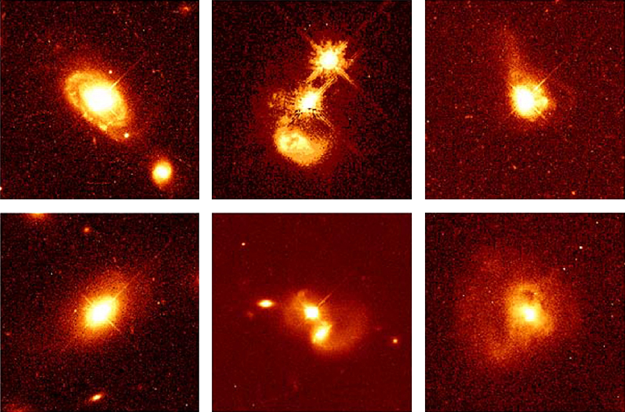 Quasar Host Galaxies. These HST images reveal the details of the fainter “host” galaxies around quasars. The top left image shows a quasar at the heart of a spiral galaxy 1.4 billion light years away. The bottom left image shows a quasar at the center of an elliptical galaxy some 1.5 billion light years from Earth. The middle images show remote pairs of interacting galaxies, in which one of the galaxies harbors a quasar. Each of the images at right shows long tails of gas and dust streaming away from galaxies that contain a quasar.