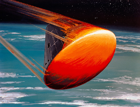 Friction in Earth’s Atmosphere. In this illustration an Apollo era capsule is shown re-entering Earth’s atmosphere. The motion of the craft is from upper left to lower right, with the rounded bottom of the craft glowing red-hot from the heat of re-entry.