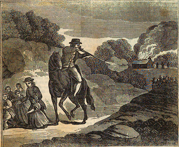 The Escape of the Duston Family. A woman and children run on a dirt road from a burning farmhouse. A man on horseback fires a rifle at a group of Native Americans.