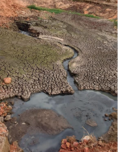 Picture of a sewage disposal area. The repeated disposal of the waste caused a fissure to be created in the land. Chemicals from the sewage destroy the soil around.