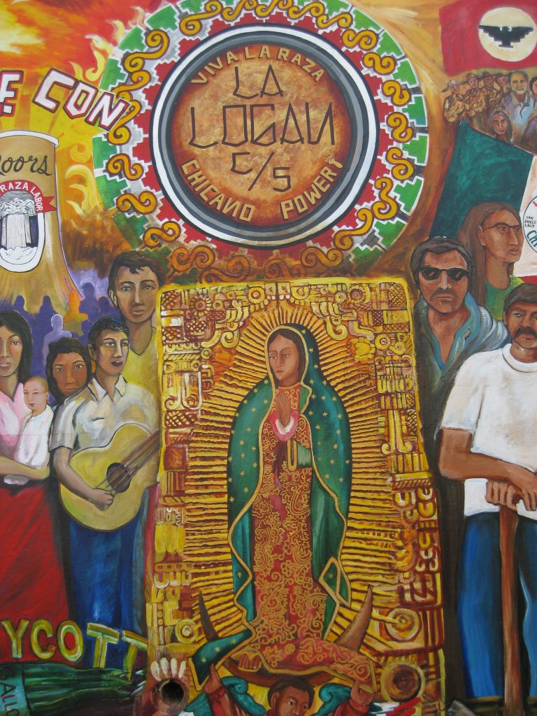 Mural in Chicano Park, San Diego depicting Virgin of Guadalupe among people