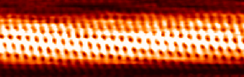 View of tubular arrangement of atoms, as observed with a scanning electron microscope.