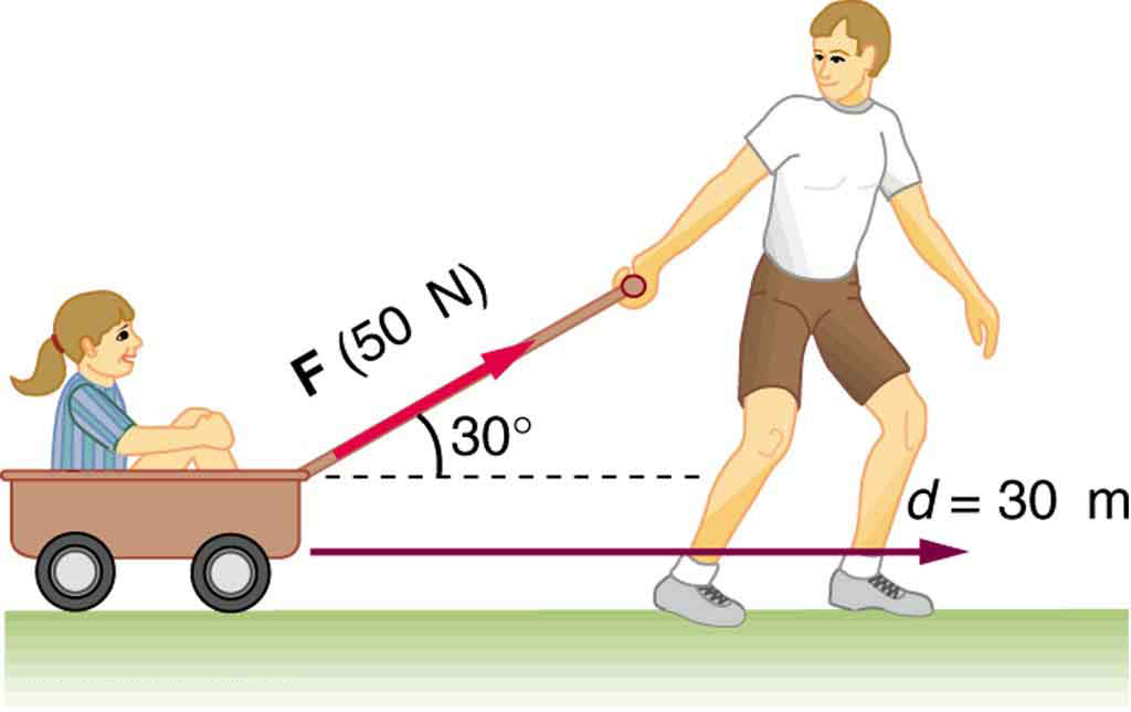 A child is sitting inside a wagon and being pulled by a boy with a force F at an angle thirty degrees upward from the horizontal. F is equal to fifty newtons, the displacement vector d is horizontal in the direction of motion. The magnitude of d is thirty meters.