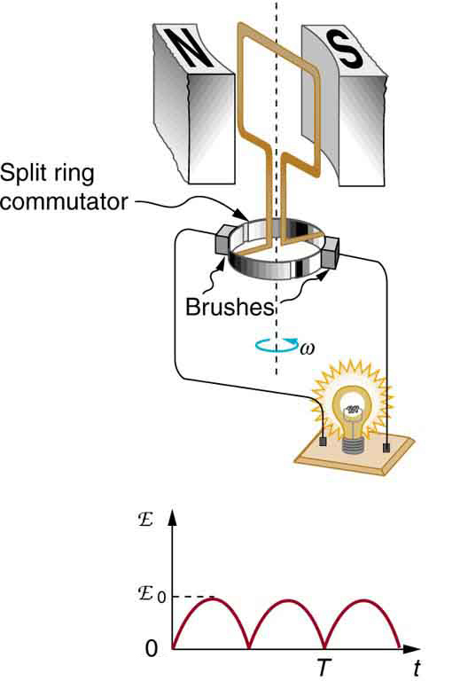 The first part of the figure shows a schematic diagram of a single coil D C electric generator. It consists of a rotating rectangular loop placed between the two poles of a permanent magnet shown as two rectangular blocks curved on side facing the loop. The magnetic field B is shown pointing from the North to the South Pole. The two ends of this loop are connected to the two sides of a split ring. The two conducting carbon brushes are kept pressed separately on both sides of the split rings. The loop is rotated in the field with an angular velocity w. Outer ends of the two brushes are connected to an electric bulb which is shown to glow brightly. The second part of the figure shows the graph for e m f generated as a function of time. The e m f is along the Y axis and the time t is along the X axis. The graph is a progressive and rectified sine wave with a time period T. The sine wave has only positive pulses. The crest maxima are at E zero.