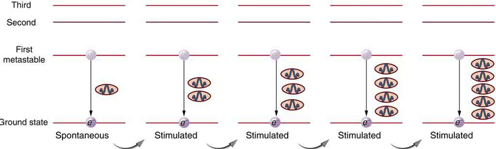 Several layers of parallel lines showing different levels of energy of an atom. The lowest level is ground state, one level up is first metastable state, next level is second metastable state, and so on. There are five steps shown. In the first step, an atom drops from the first metastable to the ground state, emitting a photon. This drop is spontaneous. In the second step, the emitted photo stimulates another atom to drop from the first metastable to the ground state, emitting another photons. In the third step, an atom is stimulated to drop, emitting a third photon. The process continues with a fourth and fifth step.