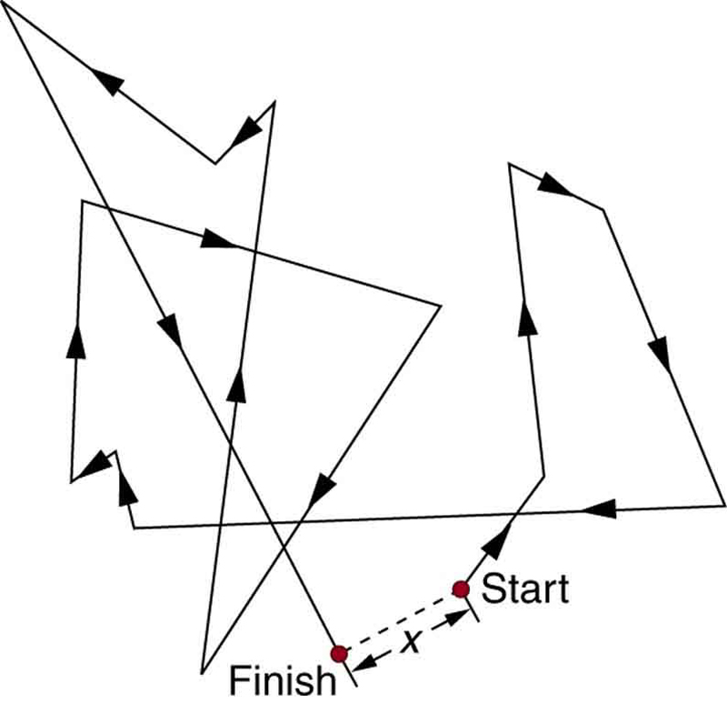 The figure shows the path of a random walk. The random thermal motion of a molecule is shown to begin at a start point and then the particles move about zigzag in all directions and end up at the finish point. The distance between the start and finish point is shown as x. Continuous arrows show various directions of motion.