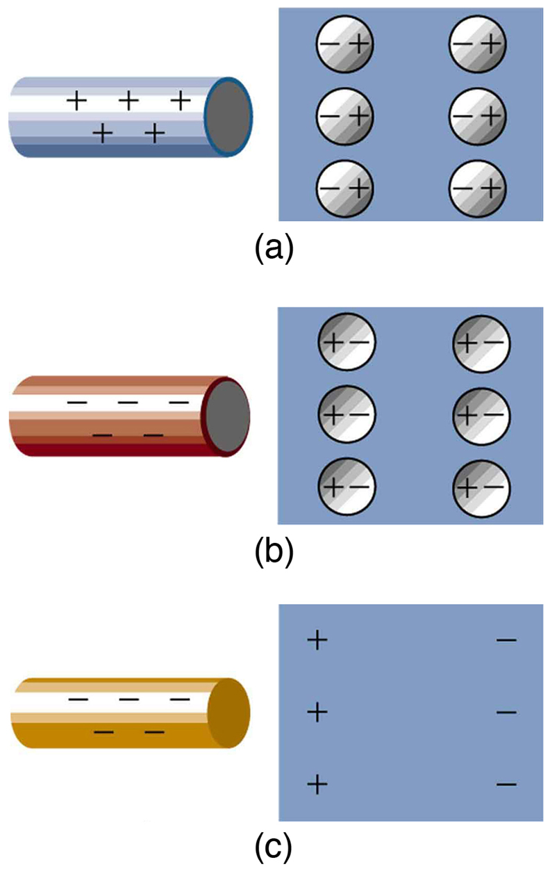 Microscopic views of objects are shown. A positive rod with positive signs is close to an insulator. The negative ends of all the molecules of the insulator are aligned toward the rod and positive ends of all molecules shown as spheres are away from the rod. In part b, a negative rod with negative signs is close to an insulator. The positive ends of all the molecules of the insulator are aligned toward the rod and negative ends of all molecules shown as spheres are away from the rod. In part c, a rod with negative signs and insulator with the surface closer to the rod has positive signs. The other surface has negative signs.