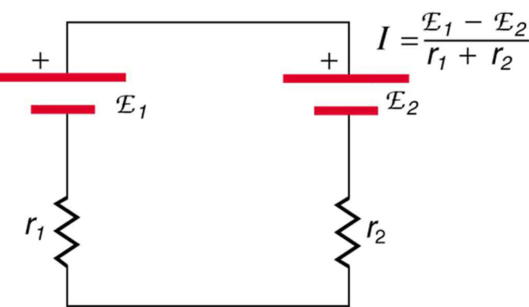 The diagram shows a closed circuit containing series connection of two cells of e m f script E sub one and internal resistance r sub one and e m f script E sub two and internal resistance r sub two. The positive end of E sub one is connected to the positive end of E sub two.