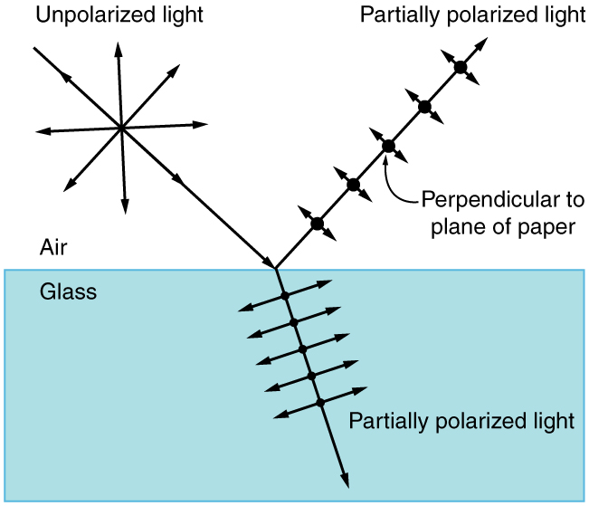 The schematic shows a block of glass in air. A ray labeled unpolarized light starts at the upper left and impinges on the center of the block. Centered on this ray is a symmetric star burst pattern of double headed arrows. From this point where this ray hits the glass block there emerges a reflected ray that goes up and to the right and a refracted ray that goes down and to the right. Both of these rays are labeled partially polarized light. The reflected ray has evenly spaced large black dots on it that are labeled perpendicular to plane of paper. Centered on each black dot is a double headed arrow that is rather short and is perpendicular to the ray. The refracted ray also has evenly spaced dots, but they are much smaller. Centered on each of these small black dots are quite large doubled headed arrows that are perpendicular to the refracted ray.