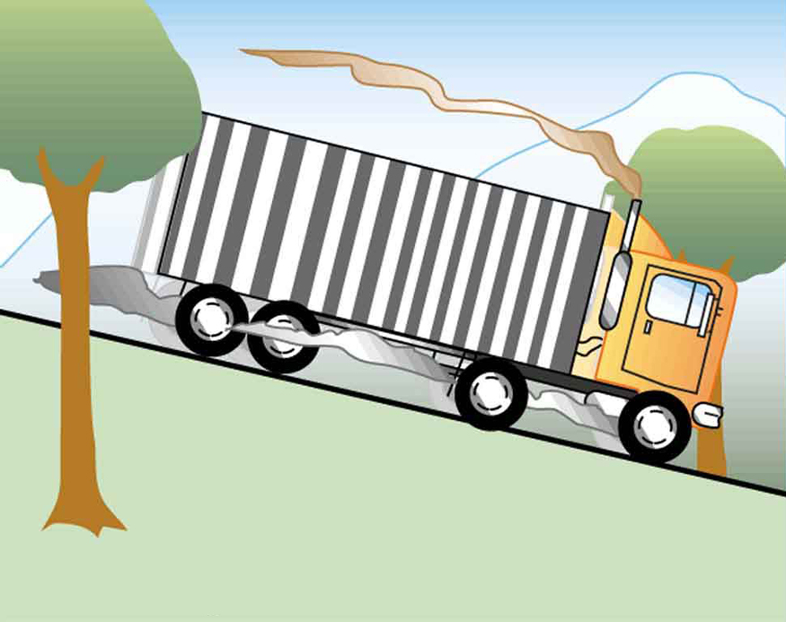 The figure shows a truck coming from the left and moving on a road which is sloping downhill to the right. Smoke is coming from the area of the wheels of the truck.