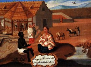 Representation of Zambos during the Latin American colonial period, 1780. The legend reads "9. De negro é india sale lobo / negro 1. india 2. lobo 3." — "9. From male Black and female Amerindian comes a Lobo (a Mexican synonym for Zambo) offspring / Black 1. Amerindian 2. Lobo 3."